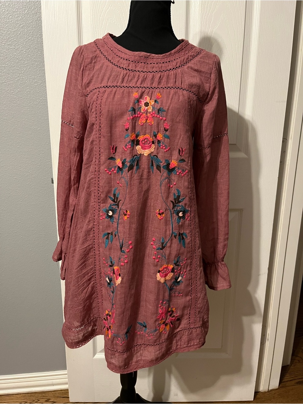 Umgee Dusty Rose Embroidered Long-Sleeve Tunic Dress